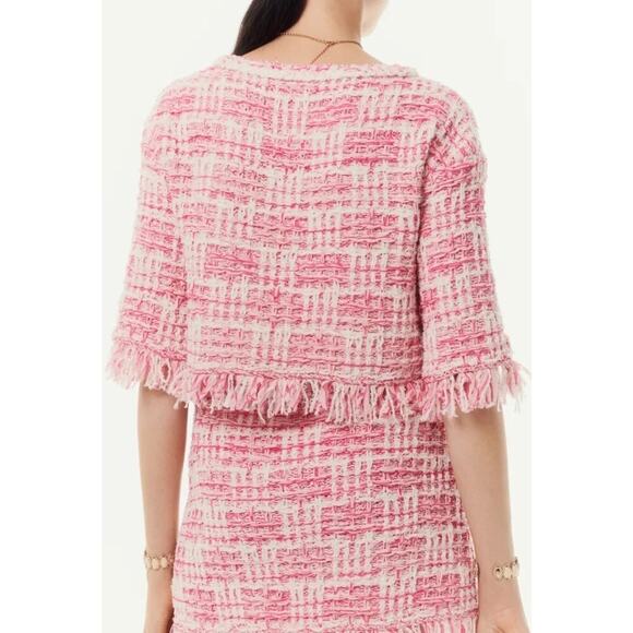 Chanel 24P Pink White Knit Frayed Tweed CC Logo Short Sleeve Pullover Top 38 - Picture 14 of 16